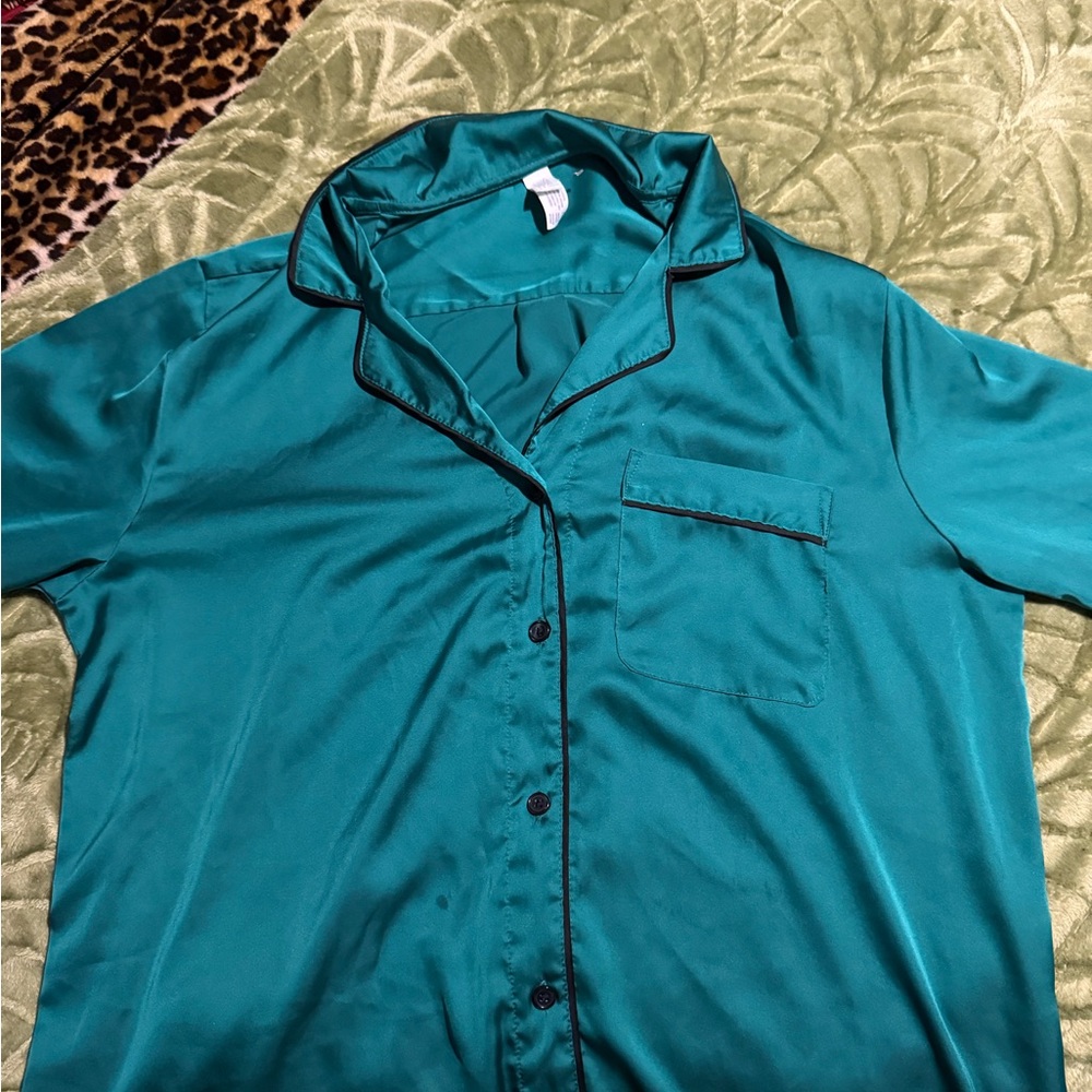 Teal Satin Button-Up Pajama Top